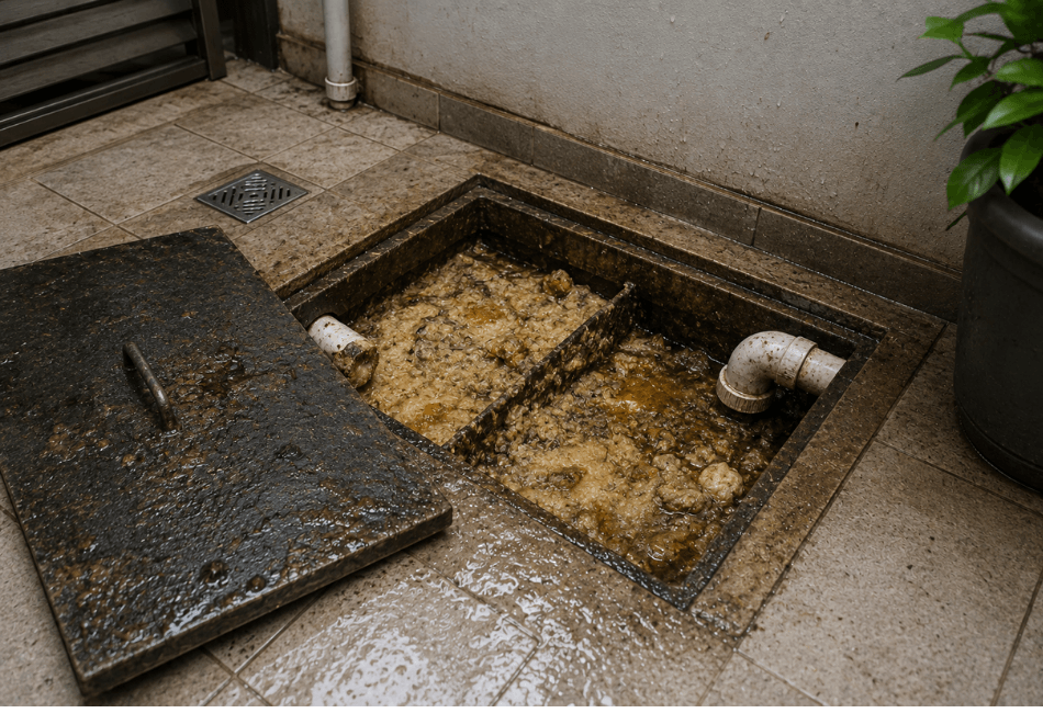 Caixa de gordura entupida com acúmulo de gordura e resíduos, representando serviço de limpeza e desentupimento de caixa de gordura em Brasília.
