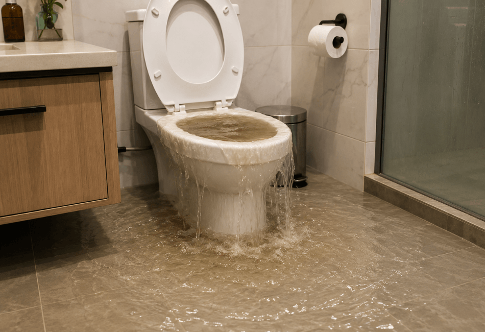 Vaso sanitário entupido e transbordando em banheiro residencial, representando serviço de desentupimento de vaso sanitário em Brasília e Distrito Federal.
