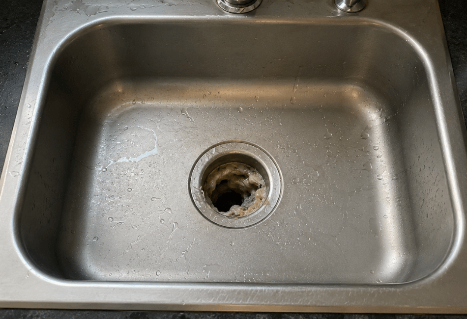 Pia entupida com água acumulada e dificuldade de escoamento, representando serviço de desentupimento de pia em Brasília para residências, apartamentos e estabelecimentos comerciais.